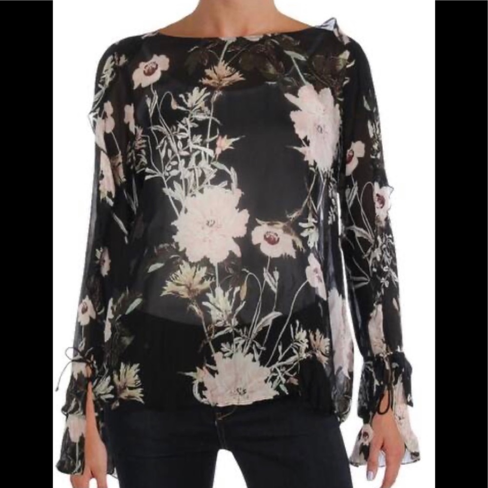 Lucky Brand sheer, ruffled, floral blouse, xs NWOT